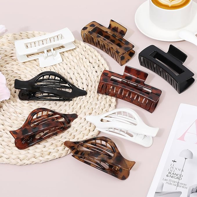 Hair Clips for Women 4.3 Inch Large Hair Claw Clips 8 pcs Square Claw Clips & Flat Hair Clips for Thick or Thin Hair French Concord Hair Barrettes Alligator Hair Accessories for Women (Leopard)
