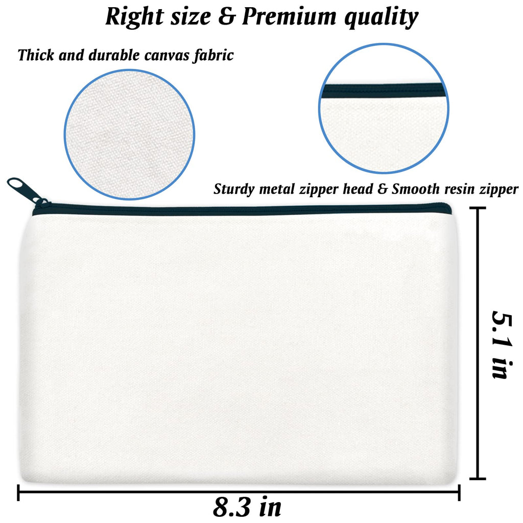 ZeeDix 24 Packs White Canvas Pouch- Multi-purpose Cosmetic Bag with Zipper, Blank DIY Craft Canvas Zipper Bags, Travel Toiletry Bag, Daily Storage Bag (8.3 x 5 inches)