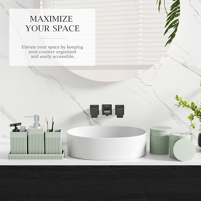 InnJoey Bathroom Accessories Set, 6-Piece Resin Green Bathroom Set with Toothbrush Holders, Soap Dispenser, Vanity Tray, Tumbler, Cotton Swab Jars, Modern Bathroom Organizer for Small Spaces