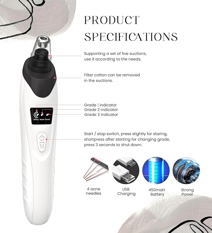 2026 Blackhead Remover Pore Vacuum,Facial Pore Cleaner-5 Suction Power,5 Probes,USB Rechargeable Blackhead Vacuum Kit Electric Pore Vacuum Tool for Adult(Black)