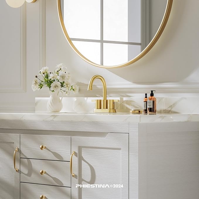 Phiestina Brushed Gold 4 Inch 2 Handle Centerset Lead-Free Bathroom Faucet 2 Pack, Swivel Spout with Copper Pop Up Drain and 2 Water Supply Lines,BF15-1-BG-2PACK