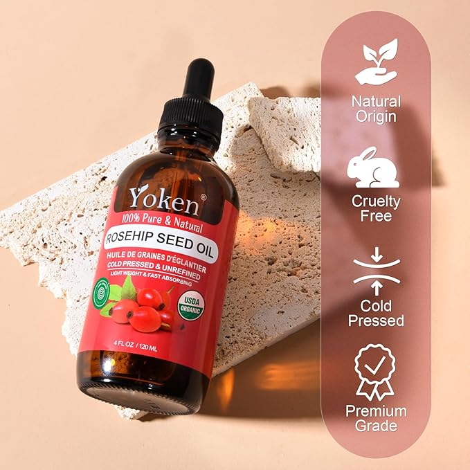 Yoken Cold Pressed Organic Rosehip Seed Oil for Face, Hair & Body, 4 fl oz