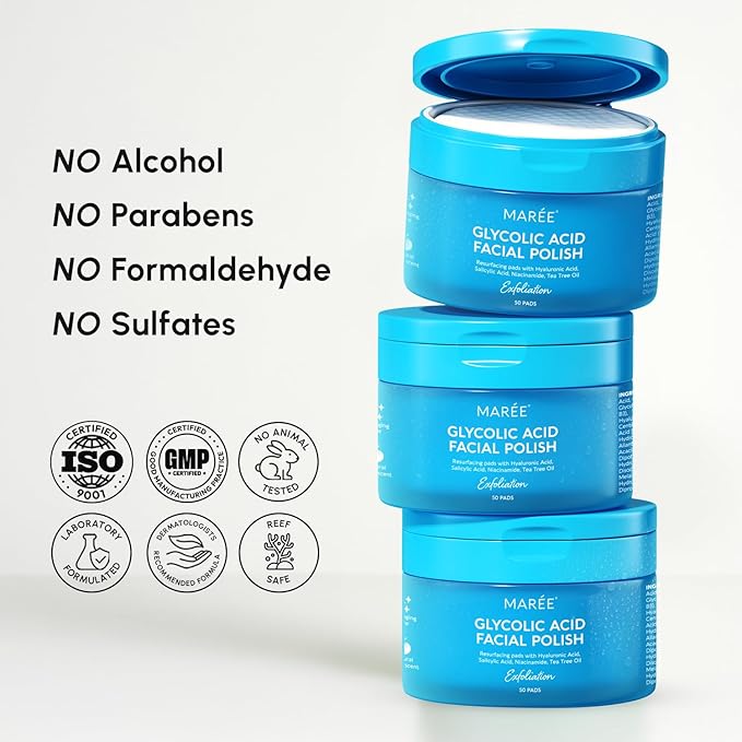 MAREE Glycolic Acid Pads - Toner Pads for Face Cleansing - Exfoliating Pad with Tea Tree Oil, Salicylic Acid & Vitamins E, B3, B5 - Facial Polishes & Peels, Skin Pore Resurfacing & Radiance - 50 Count