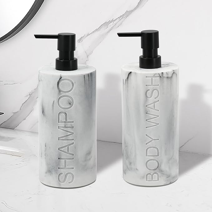 Indecor Home Marble Resin 2 Piece Shampoo and Body Wash Dispenser Set, Luxurious Refillable Pump Bottles with Matte Pump Top and Embossed Text, Durable Design for Bathroom and Shower