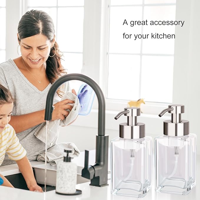 Foaming Soap Dispenser with Stainless Steel Pump, 12oz Refillable Glass Liquid Dish Soap Bottles for Bathroom, Kitchen Sink, Home Decor, 2 Pack