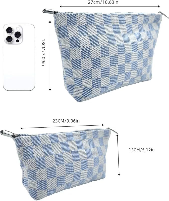 RIKMOXR 2-Pack Blue & White Checkered Makeup Bag Set - Large Capacity Cosmetic Organizer Pouch | Travel Toiletry Bag & Purse Organizer for Women Girls
