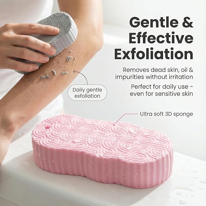 Magic Exfoliating Bath Sponge, 3D Super Soft Exfoliating Bath Sponge, Skin Friendly and Reusable for Adults Children and Pregnant Women Alternative to exfoliating Gloves (Pink + Yellow + Gray)