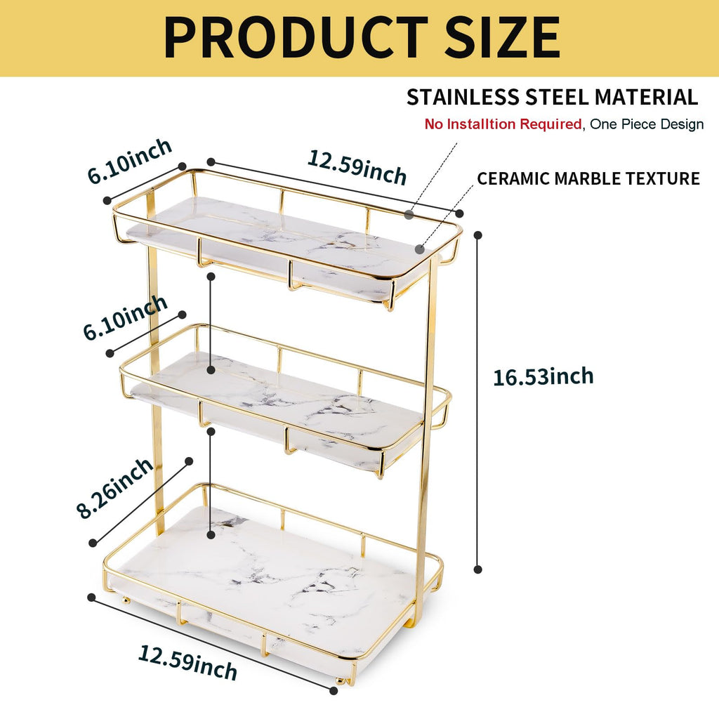 Bathroom Organizer Countertop Perfume Organizer Makeup Organizer Cosmetics Storage Display Rack Vanity Tray Dresser Stainless Steel Gold Shelf White Marble Ceramic Tray