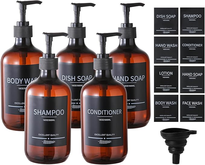 Mithrgrous 5Pack Amber Shower Bottles Refillable with Labels,16.9oz(500ml) Reusable Shampoo and Conditioner Bottles,Shampoo Dispenser Bottles