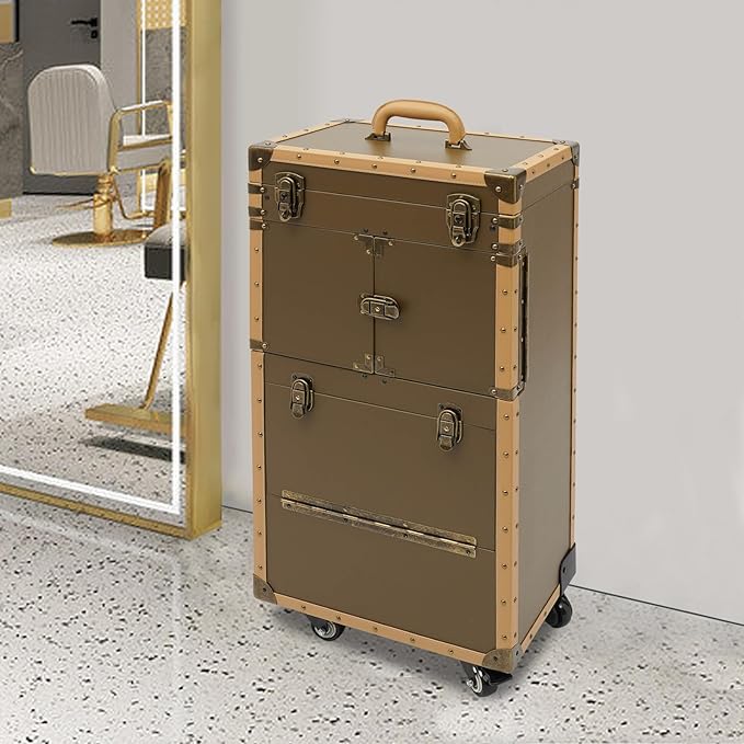 CNCEST Beauty Salon Luggage,Rolling Lockable Makeup Train Case Hairdressing Trolley Stylist Beauty Salon Cosmetic Luggage Travel Organizer Tool Box with Hair Dryer Holder (Gold)