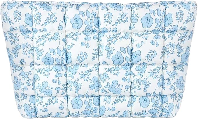 HFLZBRO Puffy Quilted Makeup Bag, Cosmetic Bag, Travel Toiletry Organizer Pouch, Clutch for Women (Blue Floral)