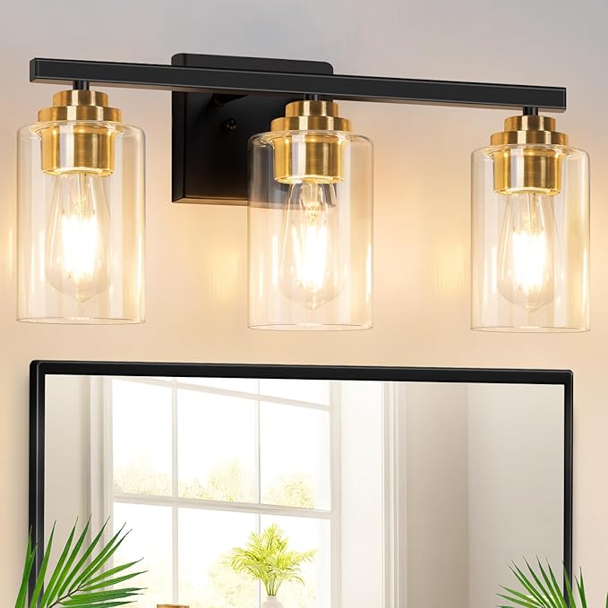 19" Black & Gold Modern Vanity Lights Over Mirror with Clear Glass Shades