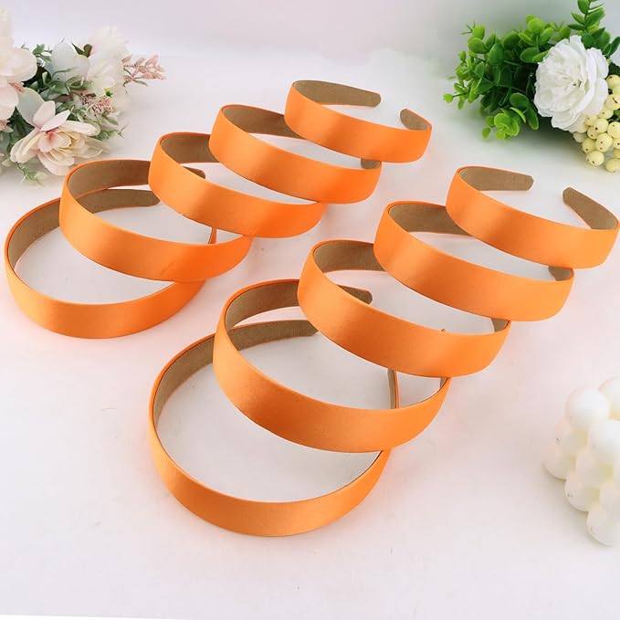 Wecoe 10 Pack Orange Headbands 1 Inch Wide Satin Headbands Women Non Slip Fashion Plain Head Bands Solid Hair Bands DIY Halloween Thanksgiving Day Hair Accessories for Women Girls Diademas Para Mujer