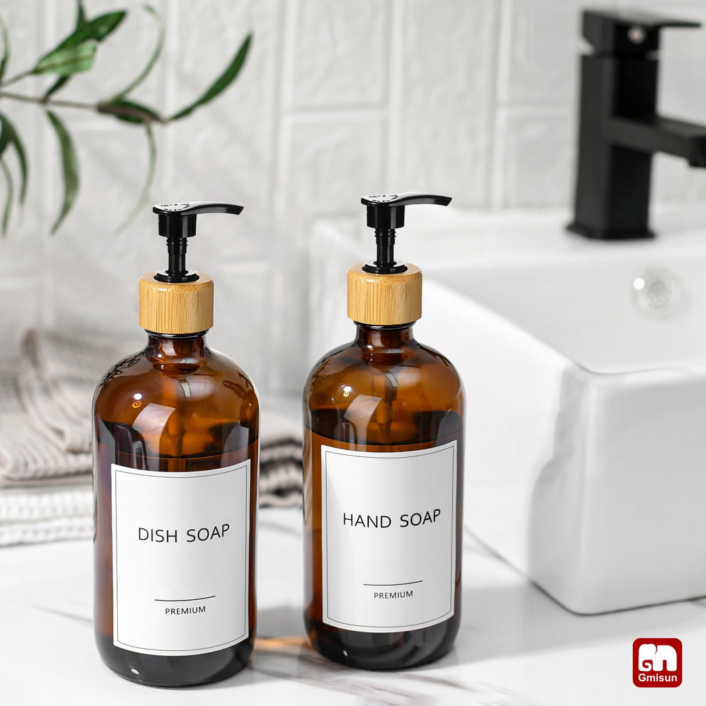 GMISUN Amber Glass Soap Dispenser, 2 Pack Bathroom Hand Soap Dispensers with Bamboo Pump, 17 Fl Oz Kitchen Hand and Dish Soap Dispenser Set, Modern Vintage Liquid Brown Soap Dispensers Bottle