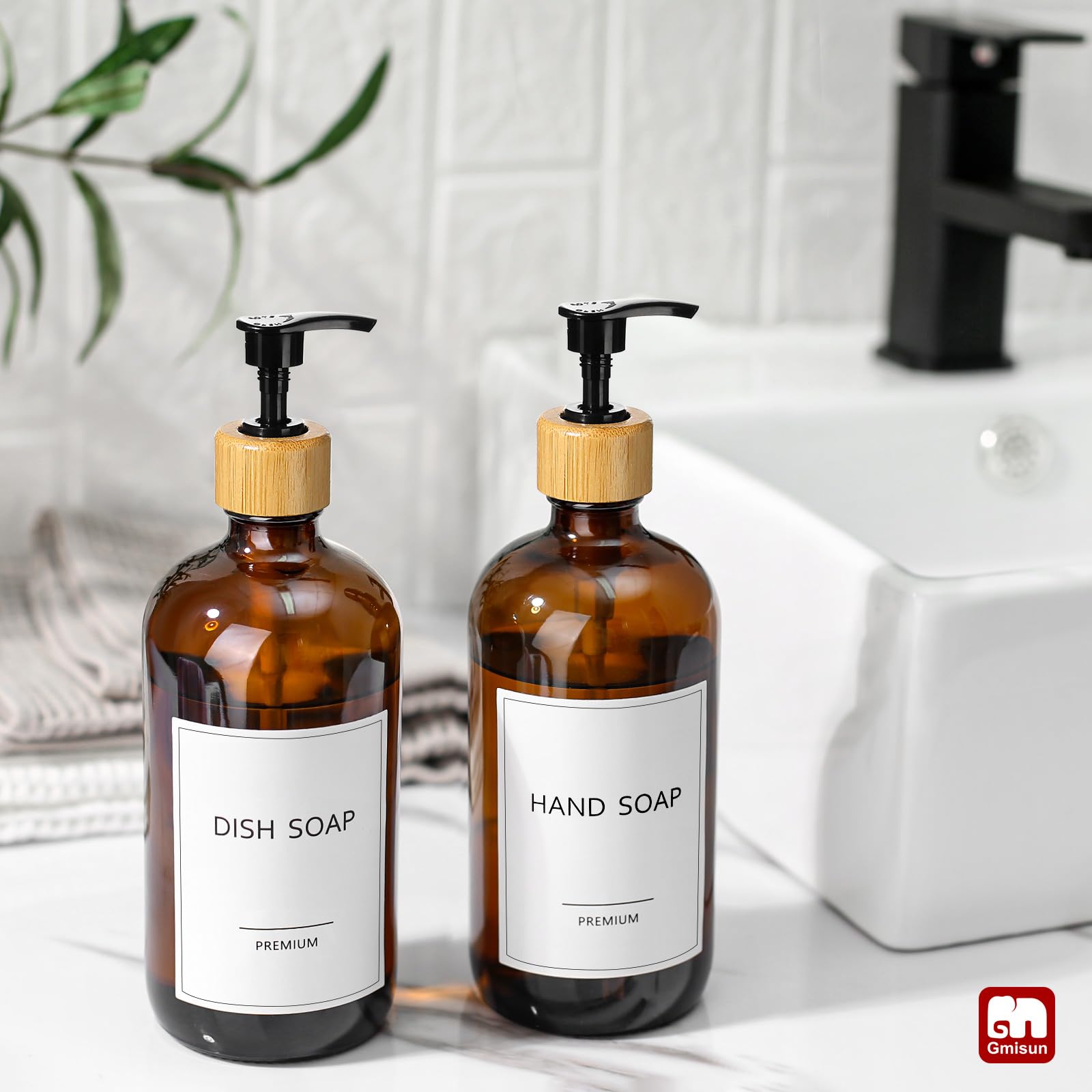 GMISUN Amber Glass Soap Dispenser, 2 Pack Bathroom Hand Soap Dispensers with Bamboo Pump, 17 Fl Oz Kitchen Hand and Dish Soap Dispenser Set, Modern Vintage Liquid Brown Soap Dispensers Bottle