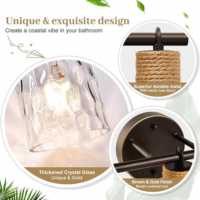 Bathroom Light Fixtures, 3-Light Coastal Vanity Lights with Crystal Glass Shade, Oil-Rubbed Bronze Bathroom Wall Lamp for Mirror Kitchen Hallway Cabinet