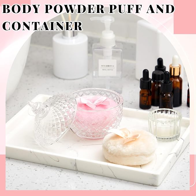 Tioncy 3 Pcs Large Body Powder Puff and Container Birthday Gift for Women, Soft Velour Face Body Glitter Puff with Crystal Glass Case, Wet Dry Makeup, Washable Reusable (multi-faceted Cut, Clear)