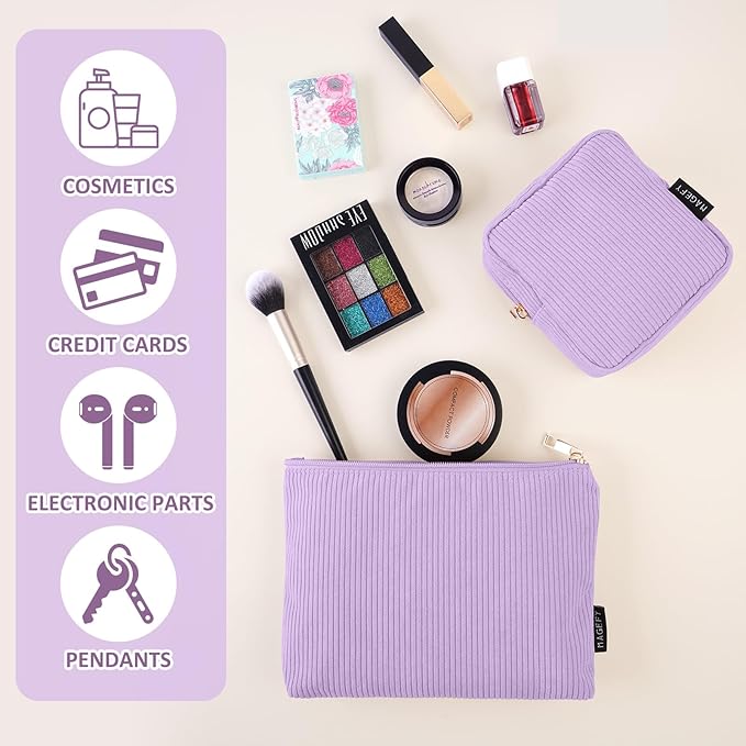 MAGEFY Small Makeup Bag, 2 Pcs Corduroy Makeup Bag for Purse Make Up Organizer Bag Mini Pouch with Slip-in Pockets Aesthetic Preppy Stuff - Purple