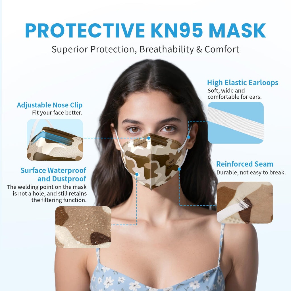 akgk KN95 Face Mask 50 PCS, Breathable Protection Masks, 5-Ply KN95 Camo Masks, Cup Dust Safety Masks