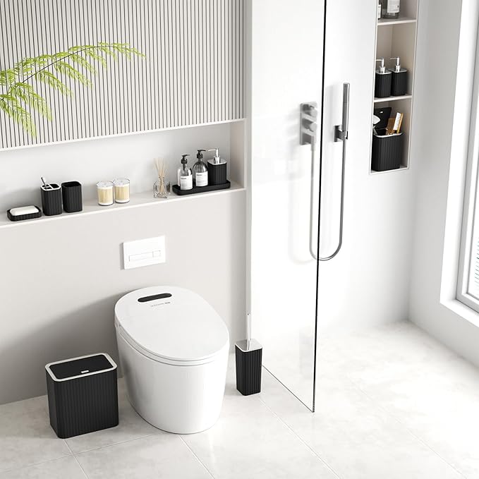 InnJoey Bathroom Accessory Set - Bathroom Set, 12PC Bathroom Accessory Set, Black Bathroom Accessories Set, Mini Trash Can, Toilet Brush, Trash Can & Soap Dispenser