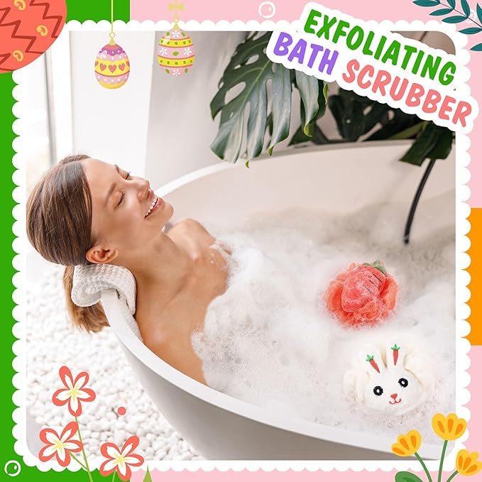 4 Pcs Rabbit Carrot Bath Loofah Sponge Cartoon Body Scrubber Loofah Soft Mesh Exfoliating Bath Scrubber Shower Ball for Shower Sponge Gifts Exchange Birthday Party