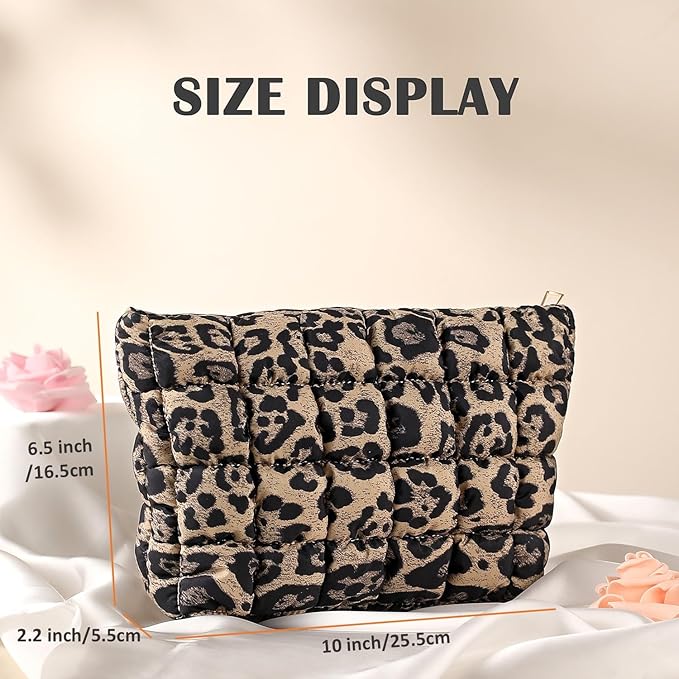 HFLZBRO Puffy Quilted Makeup Bag for Women, Cosmetic Bag, Travel Toiletry Organizer Pouch Clutch (Brown Leopard)