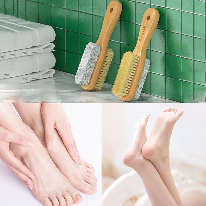 Natural Soft Bristle Foot Brush and Pumice Stone Combo with Wooden Handle, Exfoliator Pedicures Calluses Dead Dry Skin Remover Scrubber Scrub Brush for Shower Massage SPA Sauna