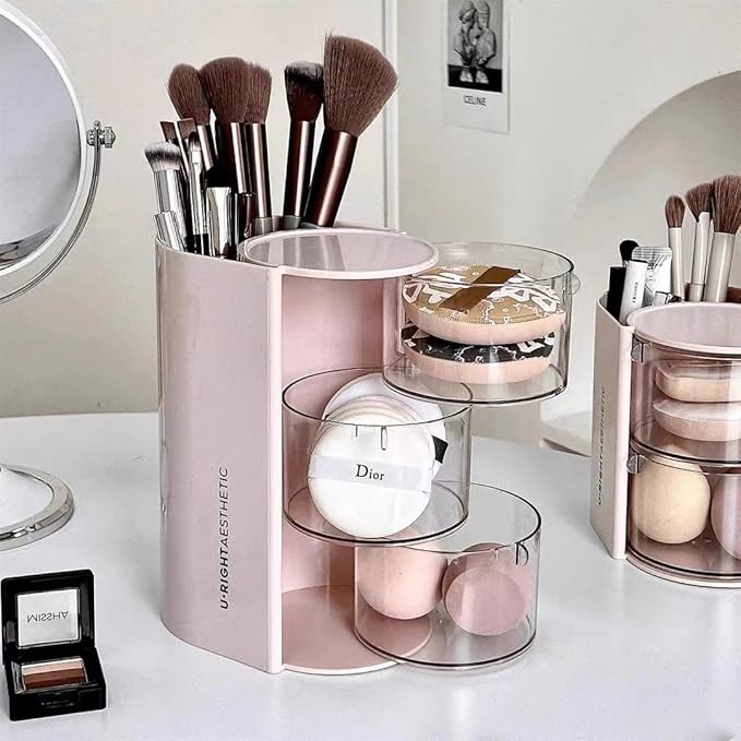 gugululu 3-Layer Clear Hair Accessories Organizer with Hair Brushes Holder, Rotatable Storage Box Desktop Organizer Case for Makeup Brushes, Cotton Swab, Beauty Sponge, Powder Puff (Pink)