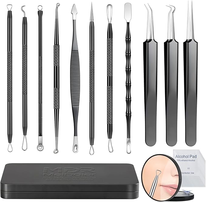 Meidaier 11Pcs Blackhead Remover Kit, Stainless Steel Acne Comedone Extractor with 10X Magnifying Glass & 20 75% Alcohol Pads, Pimple Whitehead Blemish Removal, Anti-Slip Handle & Storage Box