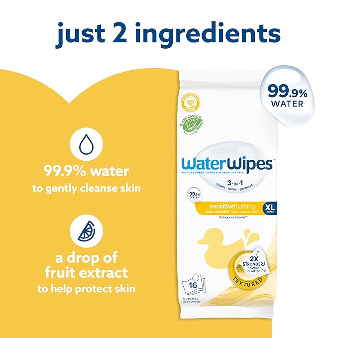 WaterWipes Sensitive+ Bathing Wipes, 3-In-1 Cleans, Cares, Protects, 99.9% Water, Unscented & Hypoallergenic, 16 Count (Pack of 4)