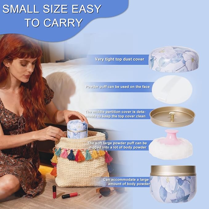 SHIMIDO Body Powder Puff and Container, 3.15" Portable Empty Powder Case Box with Lids for Baby, Women's, Travel and Home Use (Purple Flowers)