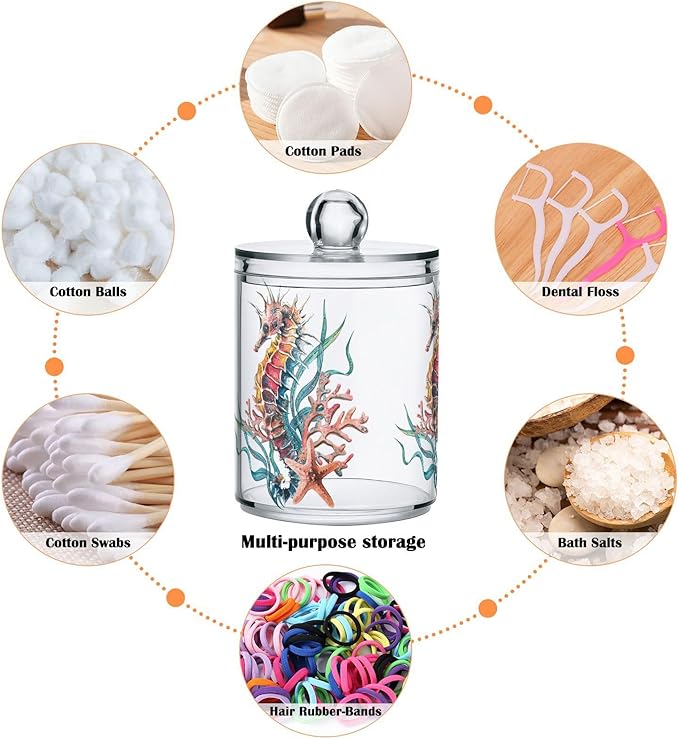 4 Pack Qtip Holder Dispenser Seahorse Starfish Watercolor Ocean Cotton Ball Cotton Swab Cotton Round Pads Floss Clear Bathroom Storage Containers Plastic Apothecary Jars with Lids