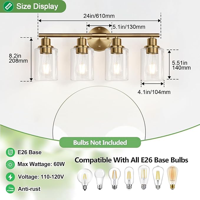 Zarbitta 4-Light Bathroom Light Fixtures, Brushed Brass Modern Vanity Lights with Cyan Glass Shades, Bathroom Wall Lamp for Mirror Kitchen Living Room