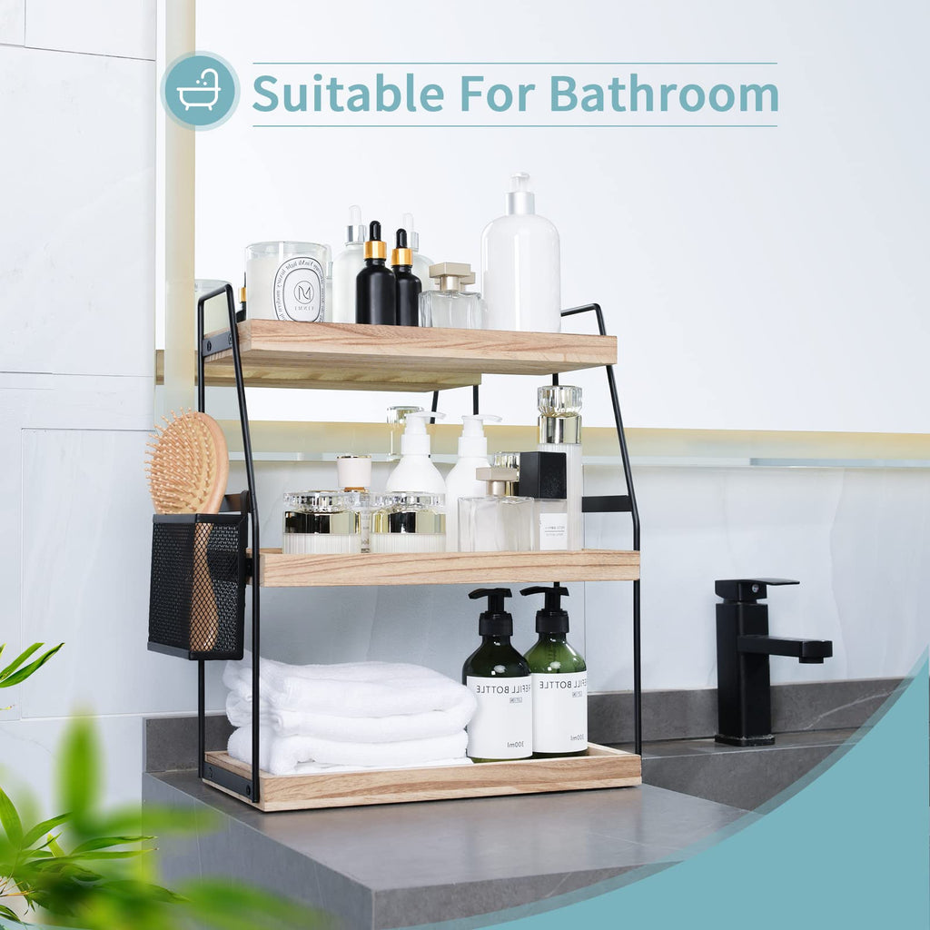 Nroech Bathroom Organizer Countertop, 3-Tier Standing Counter Shelf with Basket, Wood Tray for Kitchen Vanity Organizer
