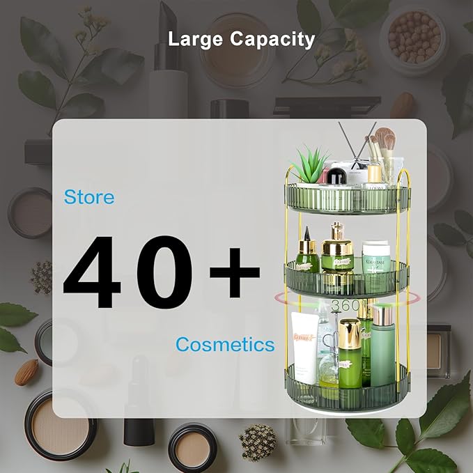 Niluks 360 Rotating Makeup Organizer - Large Capacity Spinning Perfume & Cosmetic Skincare Holder for Vanity & Countertop (Gem Green, 3 Tier)