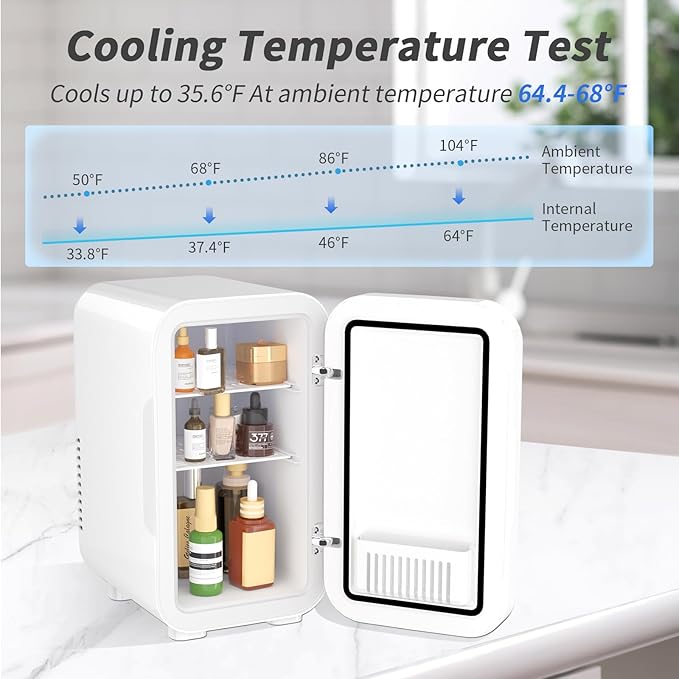 YASHE Mini Fridge, 6 Liter/8 Can 110V AC/DC Portable Thermoelectric Cooler Refrigerators for Bedroom, Personal Skin Care Fridge for Cosmetics, Drink, Milk, Office, Dorm Room and Car, White