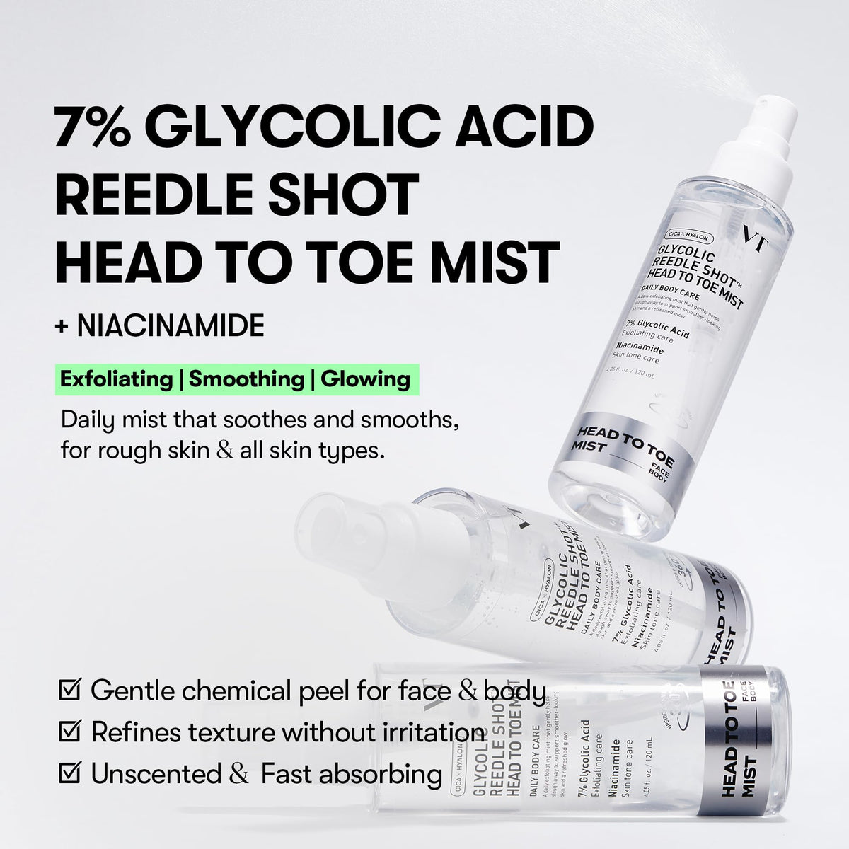 VT COSMETICS 7% Glycolic Acid Reedle Shot Head-to-Toe Mist, 4.05 fl oz
