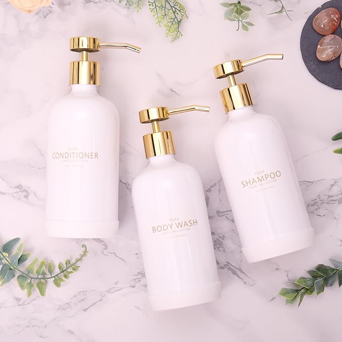 Janxin Shampoo and Conditioner Dispenser Set of 3,Refillable 20.5OZ Shampoo Bottles with Non-Slip Protective Silicone Pad,Shower Soap Dispenser with Waterproof Labels for Bathroom (White)