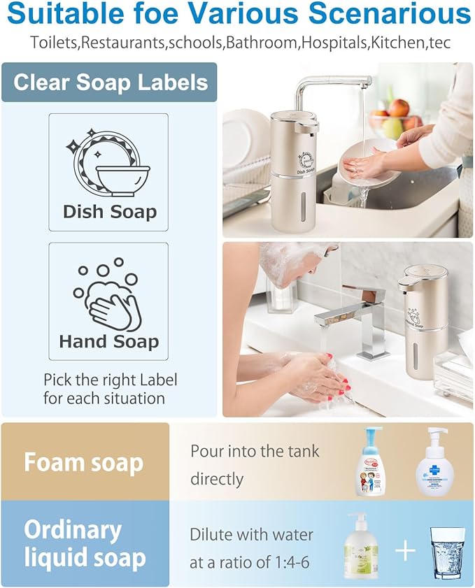 Gotofine Automatic Foaming Soap Dispenser,4-Level Adjustable Foam, Wall Mount,USB Rechargeable,12.8oz/ 380ml,Touchless Hand & Dish Soap Dispenser for Bathroom, Kitchen,Hotel, Restaurant