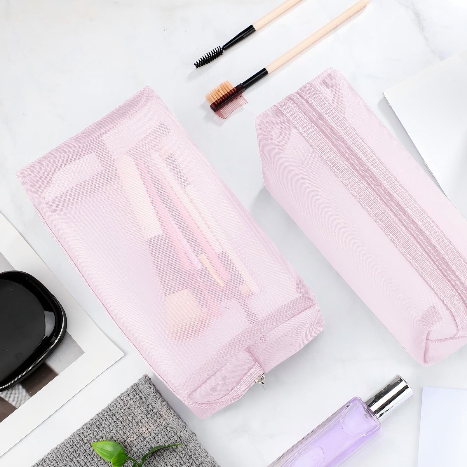 Boao 6 Pieces Mesh Makeup Bags Mesh Cosmetic Bag Portable Travel Organizing Zipper Pouch Toiletries Makeup Pouches for Home Office Travel Accessories(Light Pink)