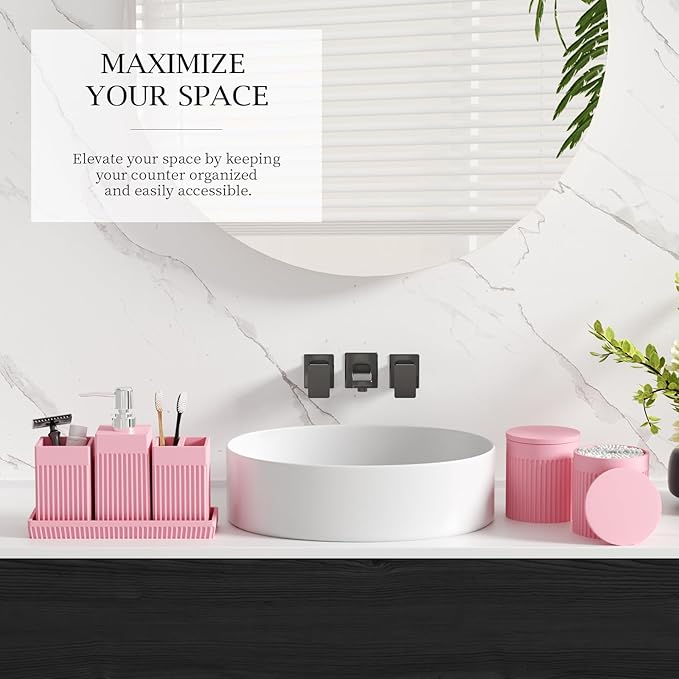 InnJoey 6-Piece Pink Bathroom Set - Sleek Resin Bathroom Accessories Set with Soap Dispenser, Toothbrush Holder, Vanity Tray, Tumbler & Apothecary Jars for Small Spaces
