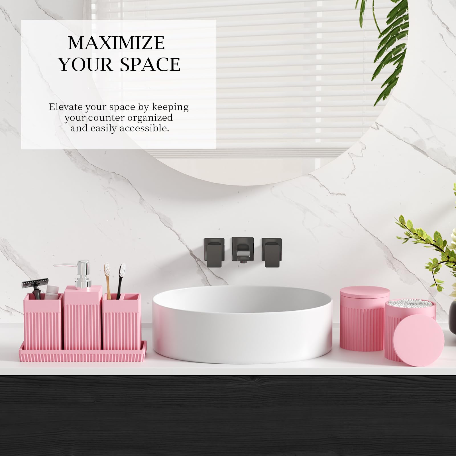 InnJoey 6-Piece Pink Bathroom Set - Sleek Resin Bathroom Accessories Set with Soap Dispenser, Toothbrush Holder, Vanity Tray, Tumbler & Apothecary Jars for Small Spaces
