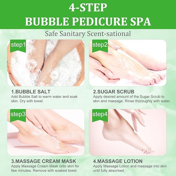 nbc BeautiLab Pedicure Kit Foot Soak Set: Bubble Salt, Sugar Scrub, Massage Mask, Massage Lotion in a Box, 4 Step Foot Spa Kit for Dry Feet,Tired Feet（1 Set Lemon)