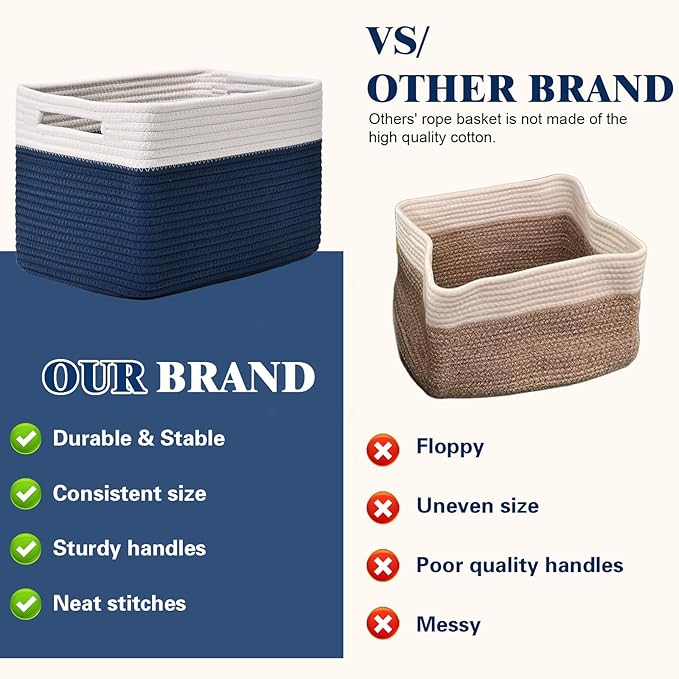 Storage Baskets for Organizing, 4 Pack Baskets for Shelves, Decorative Storage Bins for Shelves, Cotton Rope Storage Basket with Handles, Woven Basket for Storage, 13''Lx8.7''Wx7.9''H, White & Blue