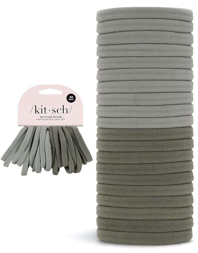 Kitsch Nylon Hair Ties No Damage - Stretchable Hair Bands for Strong All-Day Hold, Ponytail Holders | Hair Accessories for Girls - Eucalyptus, 20 Pcs
