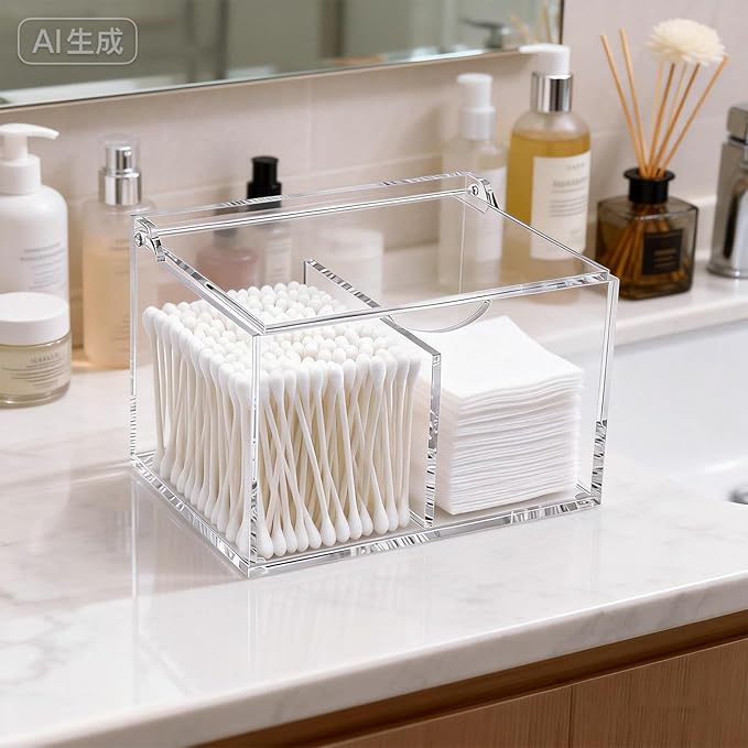 Clear Acrylic Cotton Swab Ball Holder Qtip Organizer with Lid 2-Grid Cotton Swab/Pad/Ball Holder Container Home Bathroom Vanity Countertop Decor