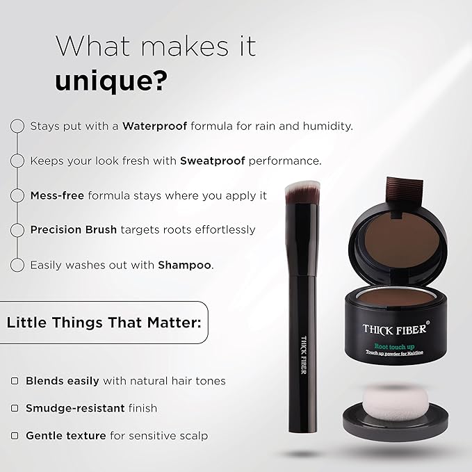 THICK FIBER Root Touch Up Powder - Water & Sweat Resistant Hair Loss Concealer Set for Thinning Hair Women, Includes Brush (Dark Brown)