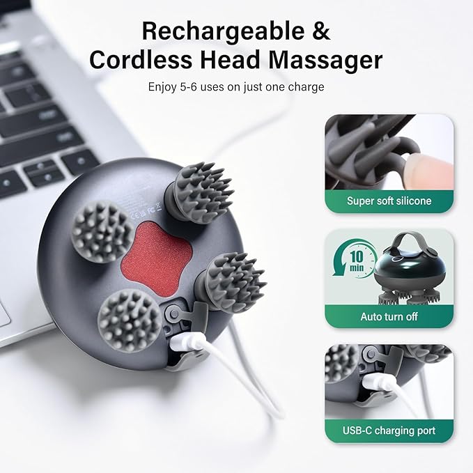 arboleaf Scalp Massager Electric, Portable Head Massager Scalp Stress Relax, Waterproof 6 in 1 Hair Massage with 8 Removable Claws, Rechargeable Hair Head Scratcher, Gift for Dad Mom