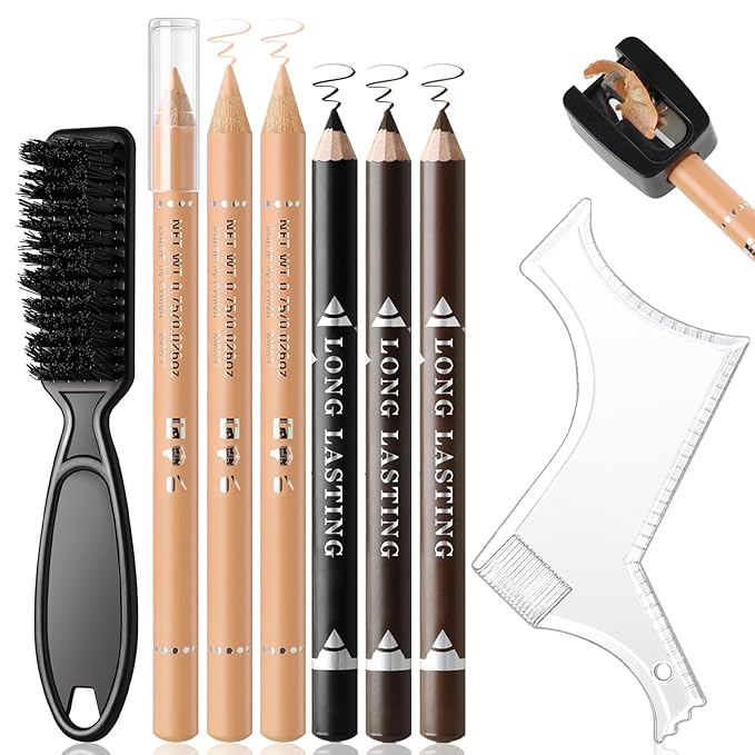 Noerrors Barber Pencil for Lineup Magic Hairline Pencils Barber Chalk Set Beard Guide Pen with Sharpener Ruler Brush for Hair Design Shaping Makeup Tool for Men #White Beige Skin Tone Black Brown Tan