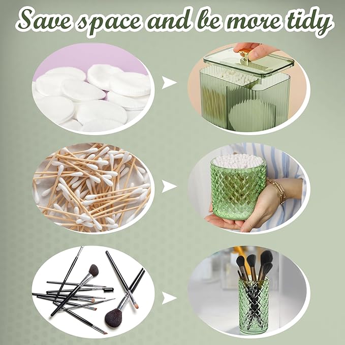3 Pcs Qtip Holder Dispenser Bathroom Set Cotton Ball Holder Cotton Swabs/ball Storage Box 3 Grids Partition Cosmetics Storage Dispenser for Vanity Tray Candy Container Jar For Home(Green)
